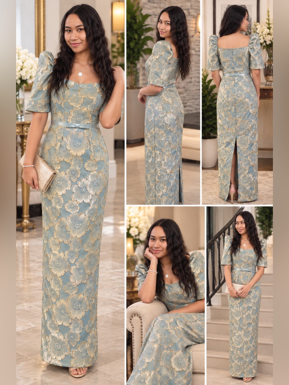 Elegant Filipiniana Puff-Sleeve Floral Jacquard Gown in Sage and Gold